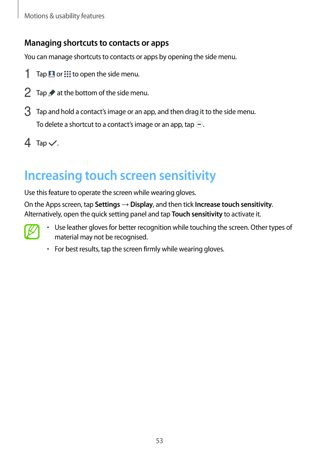 Samsung SM-G870FTSABGL, SM-G870FDGAFTM manual Increasing touch screen sensitivity, Managing shortcuts to contacts or apps 