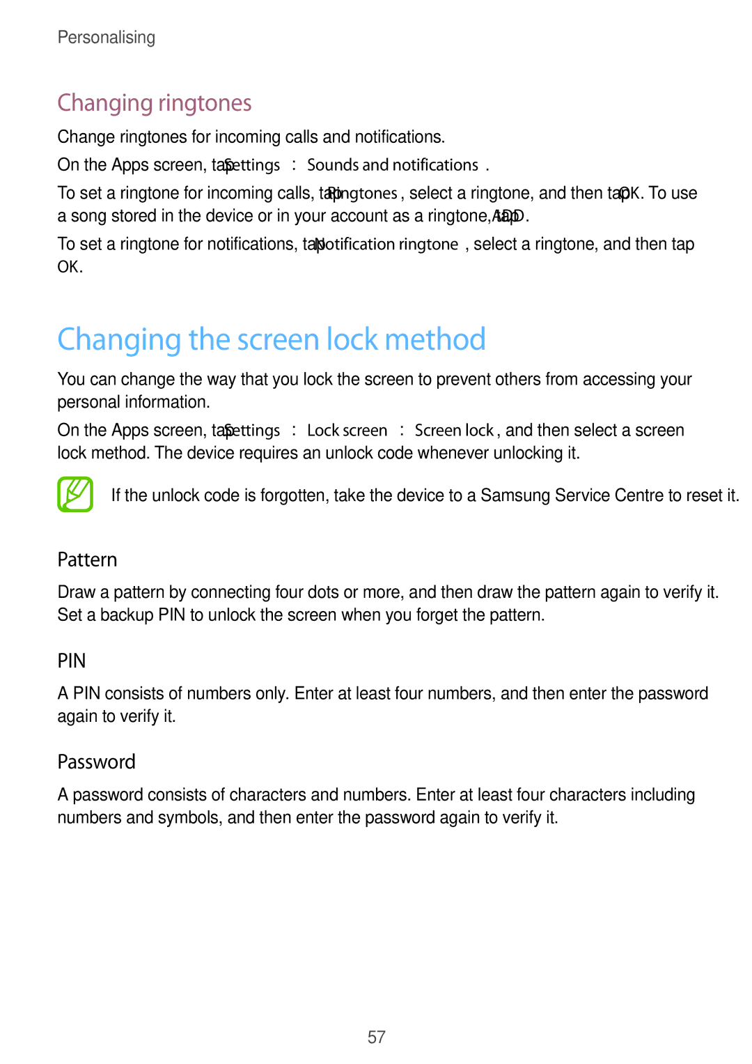 Samsung SM-G870FDGAATO, SM-G870FDGAFTM manual Changing the screen lock method, Changing ringtones, Pattern, Password 