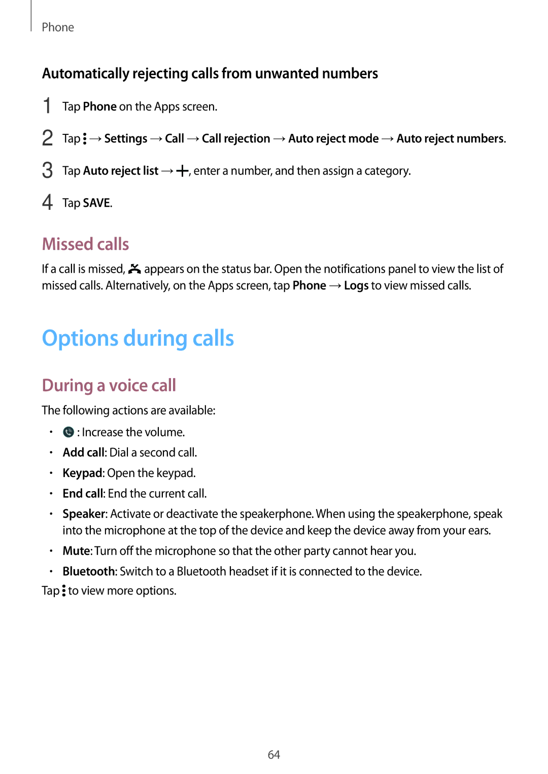 Samsung SM-G870FDGANEE, SM-G870FDGAFTM, SM-G870FTSABGL manual Options during calls, Missed calls, During a voice call 