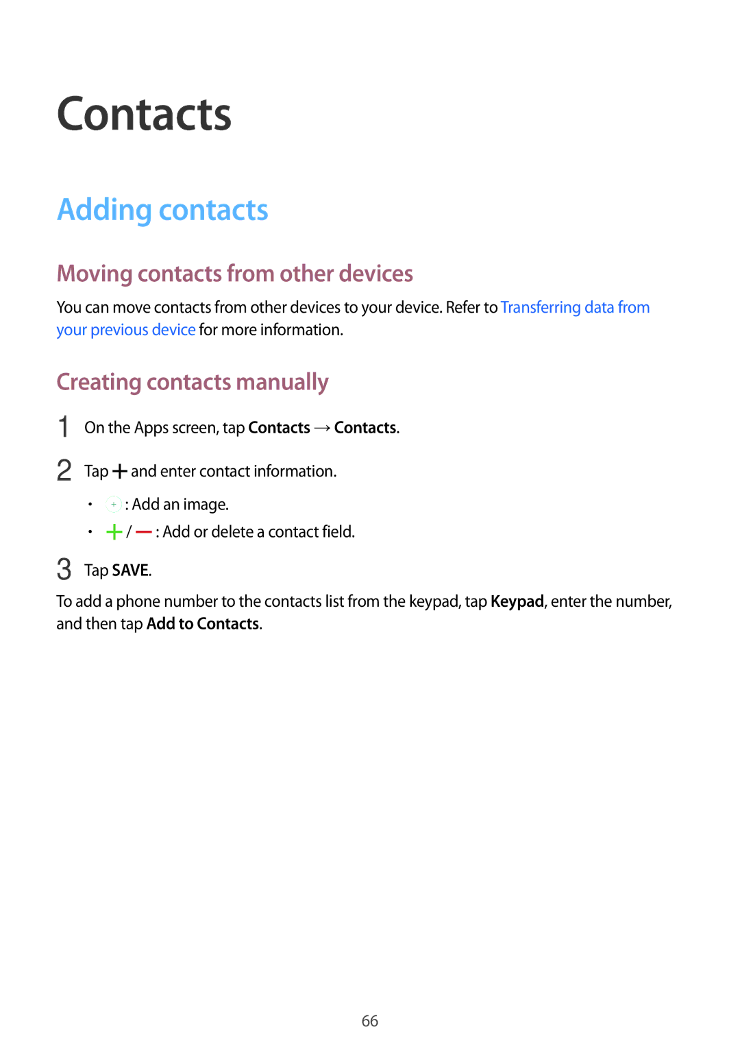 Samsung SM-G870FTSABGL Contacts, Adding contacts, Moving contacts from other devices, Creating contacts manually 