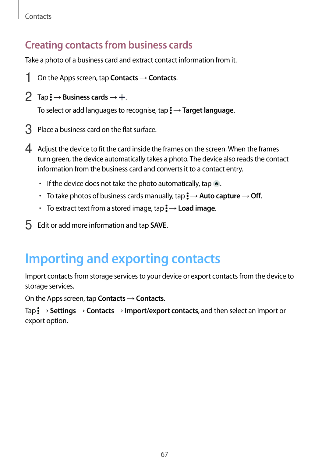 Samsung SM-G870FDGABGL Importing and exporting contacts, Creating contacts from business cards, Tap →Business cards → 