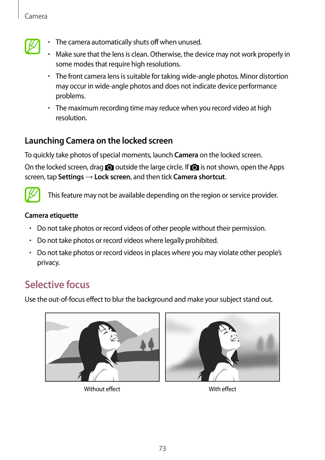 Samsung SM-G870FDGAXEH, SM-G870FDGAFTM manual Selective focus, Launching Camera on the locked screen, Camera etiquette 