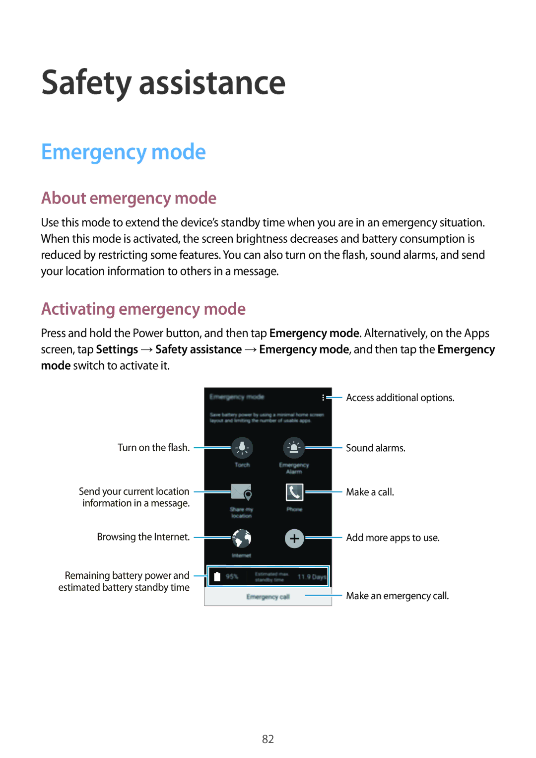 Samsung SM-G870FTSAAUT, SM-G870FDGAFTM Safety assistance, Emergency mode, About emergency mode, Activating emergency mode 