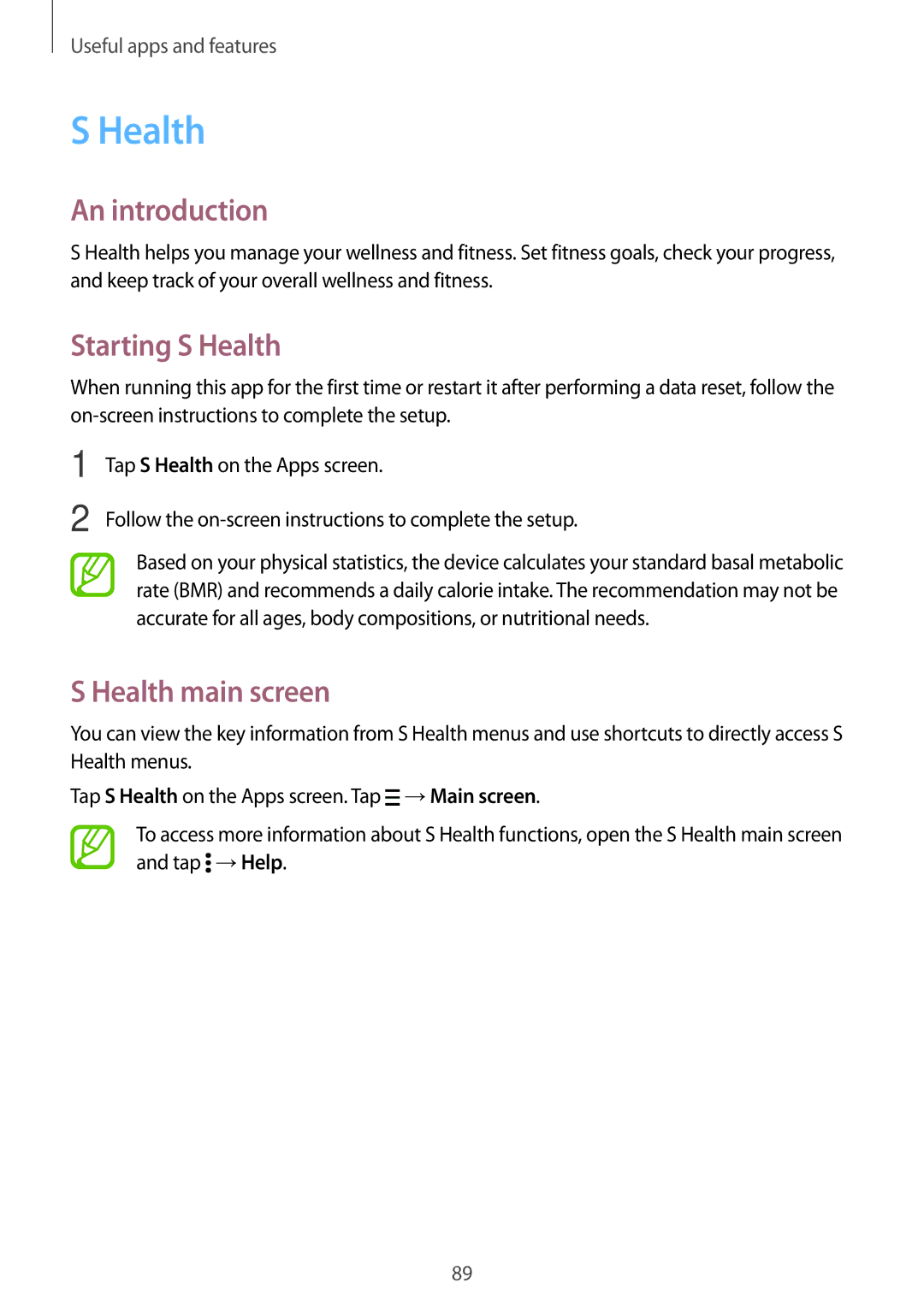 Samsung SM-G870FTSATEN, SM-G870FDGAFTM, SM-G870FTSABGL manual An introduction, Starting S Health, Health main screen 