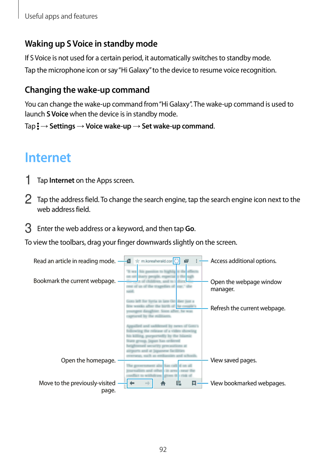 Samsung SM-G870FTSABGL, SM-G870FDGAFTM manual Internet, Waking up S Voice in standby mode, Changing the wake-up command 