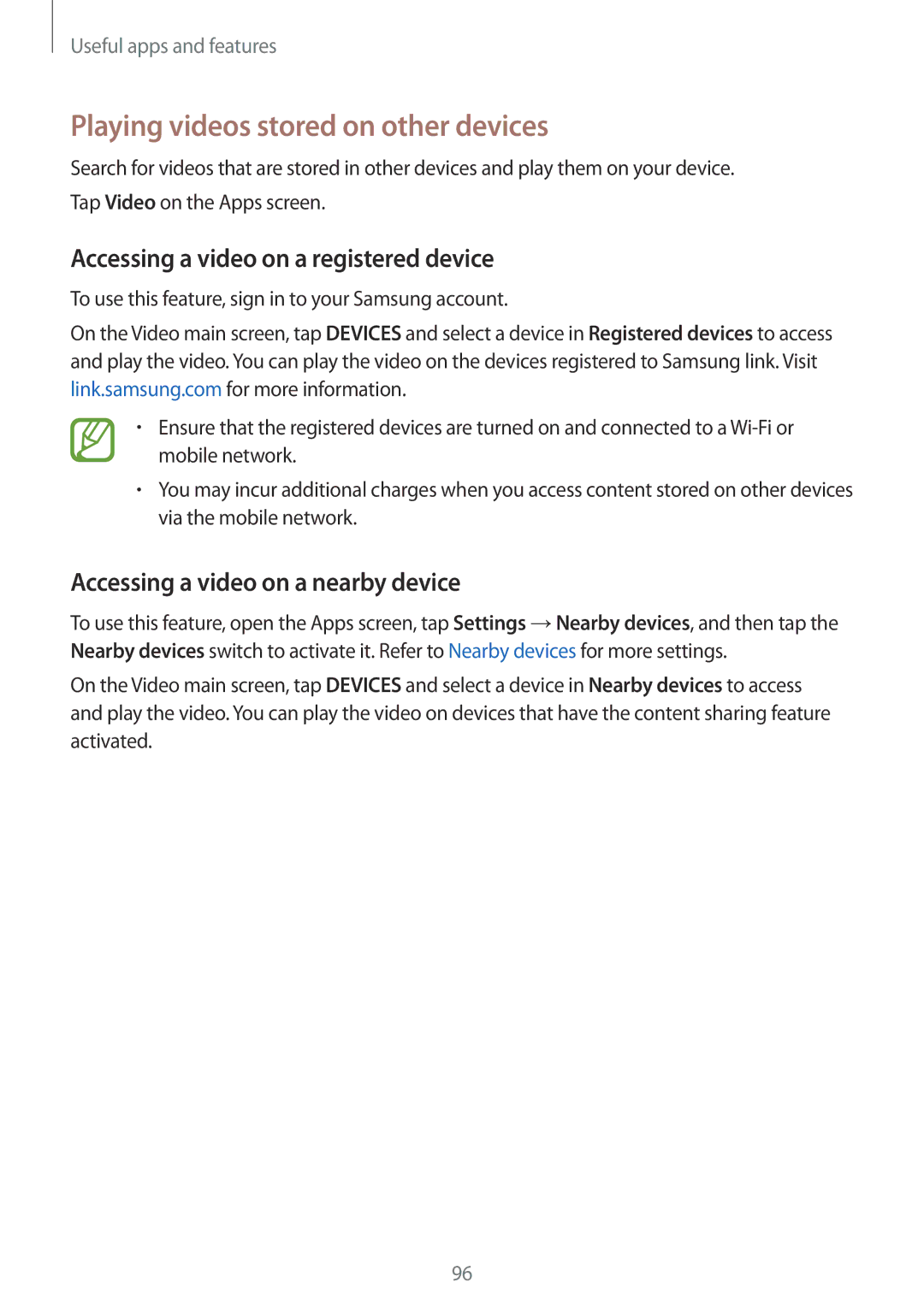 Samsung SM-G870FDGAATO, SM-G870FDGAFTM Playing videos stored on other devices, Accessing a video on a registered device 