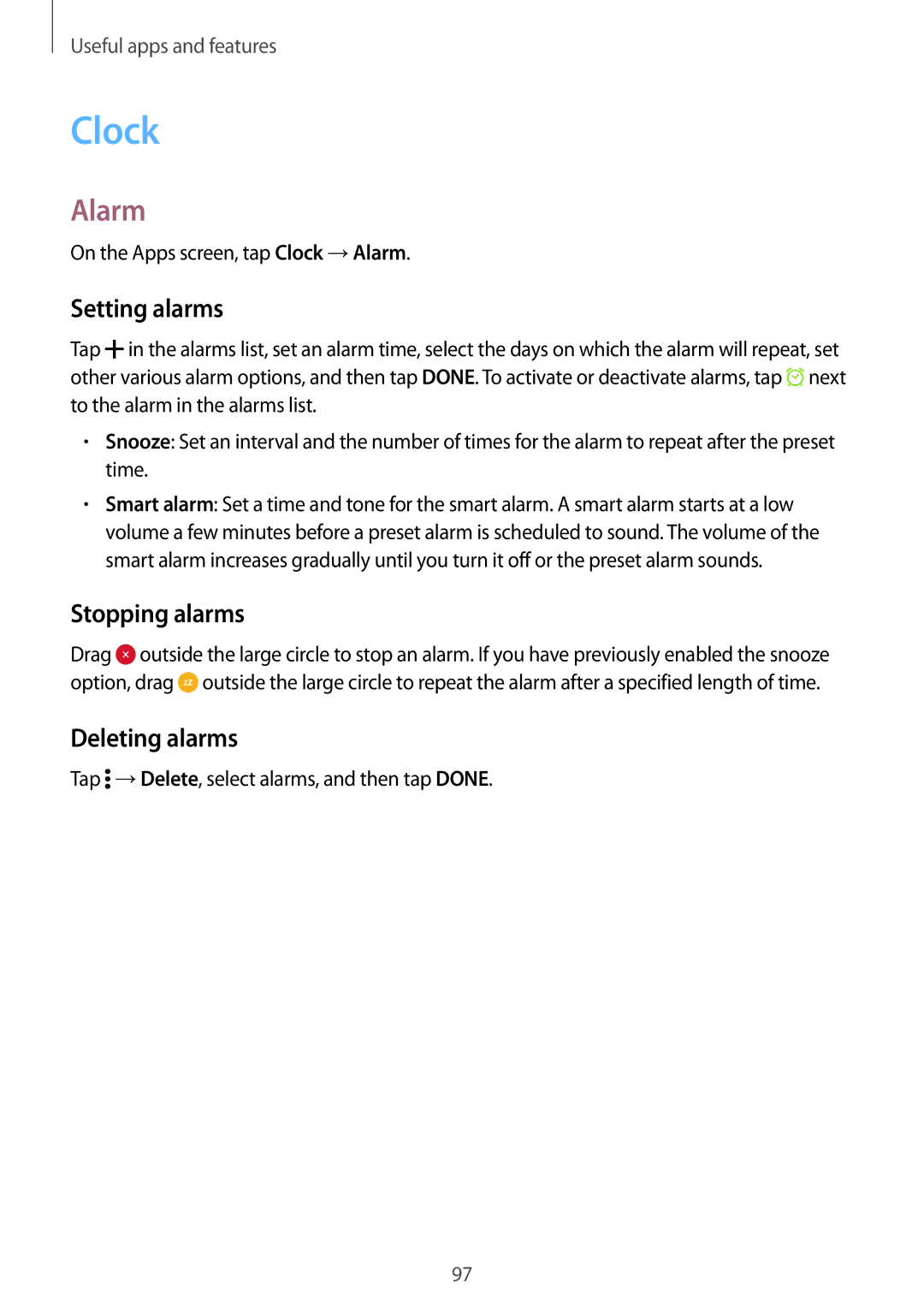 Samsung SM-G870FDGAXEO, SM-G870FDGAFTM, SM-G870FTSABGL manual Clock, Alarm, Setting alarms, Stopping alarms, Deleting alarms 
