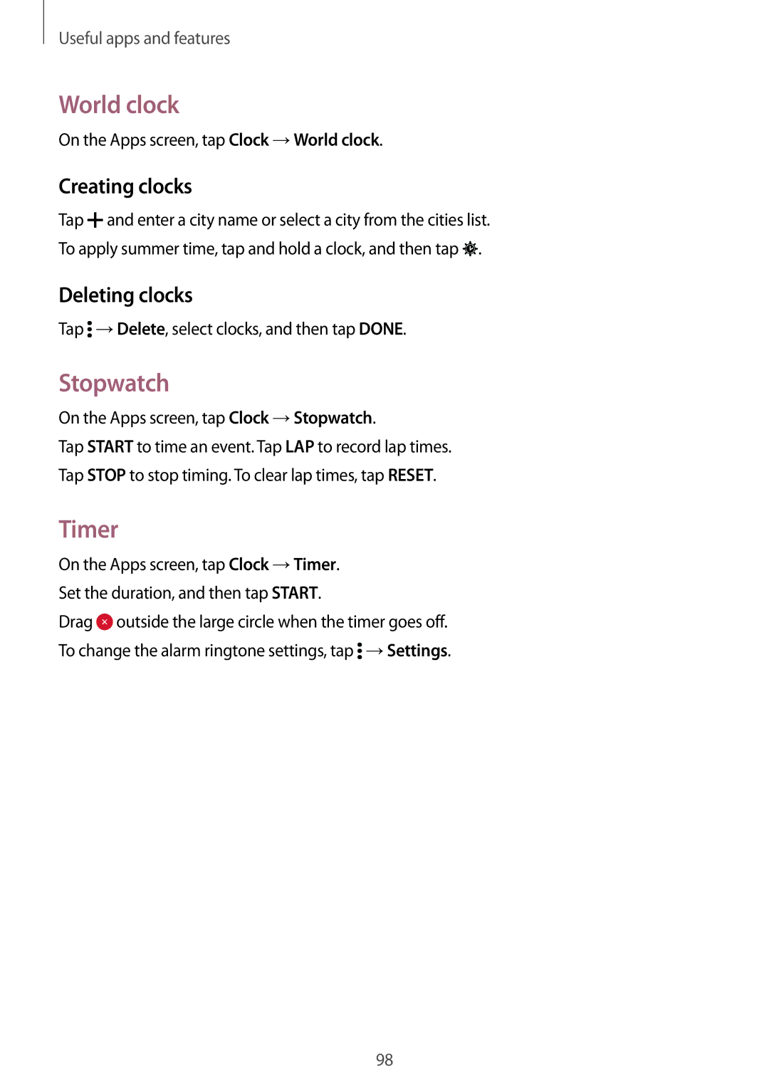 Samsung SM-G870FTSAXEH, SM-G870FDGAFTM, SM-G870FTSABGL manual World clock, Stopwatch, Timer, Creating clocks, Deleting clocks 