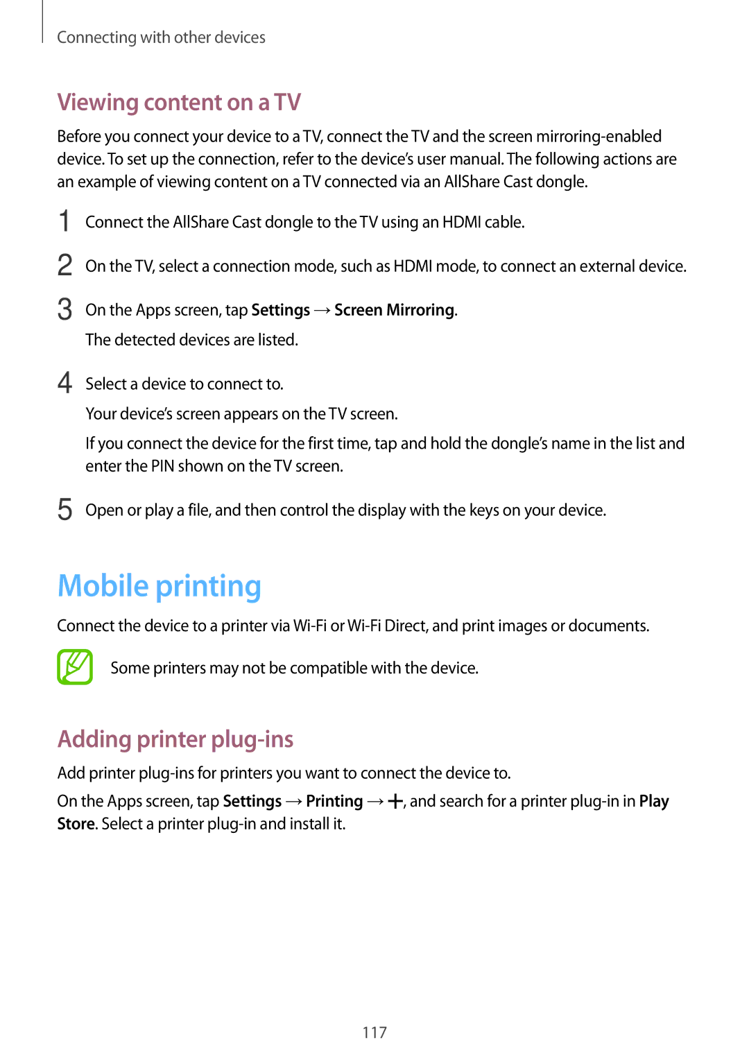 Samsung SM-G870FDGAFTM, SM-G870FTSABGL, SM-G870FDGABGL Mobile printing, Viewing content on a TV, Adding printer plug-ins 