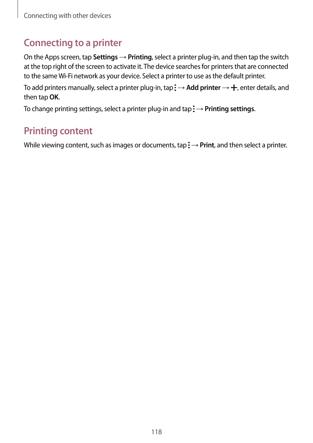 Samsung SM-G870FTSABGL, SM-G870FDGAFTM, SM-G870FDGABGL, SM-G870FTSAPHN manual Connecting to a printer, Printing content 