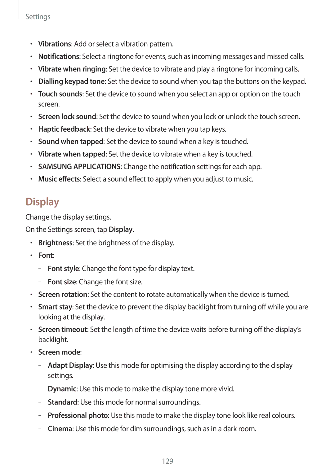 Samsung SM-G870FDGANEE, SM-G870FDGAFTM manual Display, Vibrations Add or select a vibration pattern, Font, Screen mode 