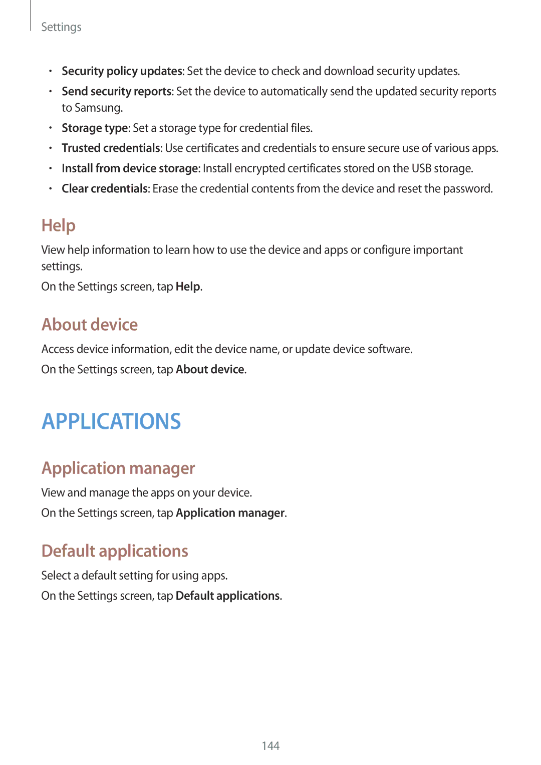 Samsung SM-G870FTSABGL, SM-G870FDGAFTM, SM-G870FDGABGL manual Help, About device, Application manager, Default applications 