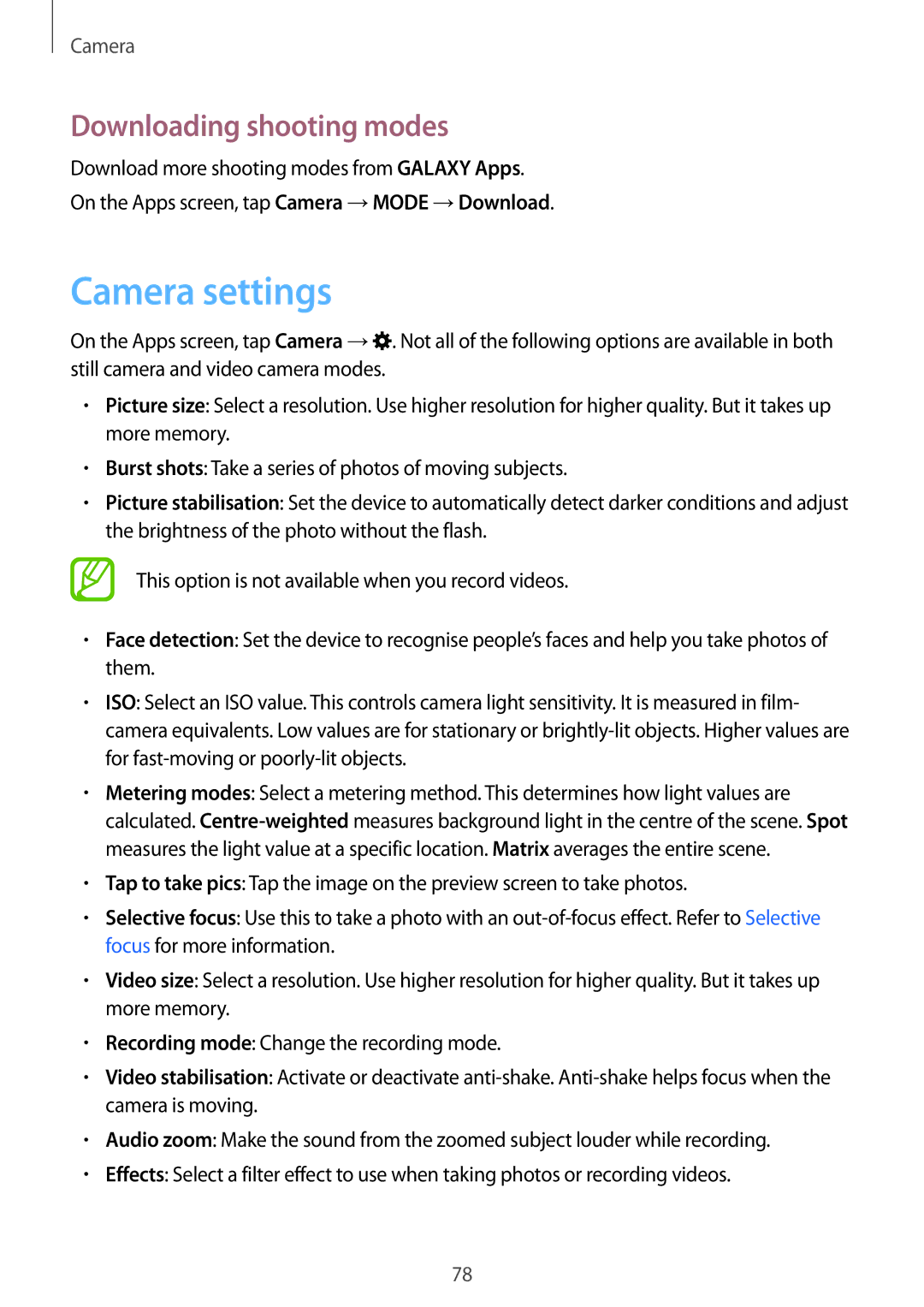 Samsung SM-G870FDGAFTM, SM-G870FTSABGL, SM-G870FDGABGL, SM-G870FTSAPHN manual Camera settings, Downloading shooting modes 