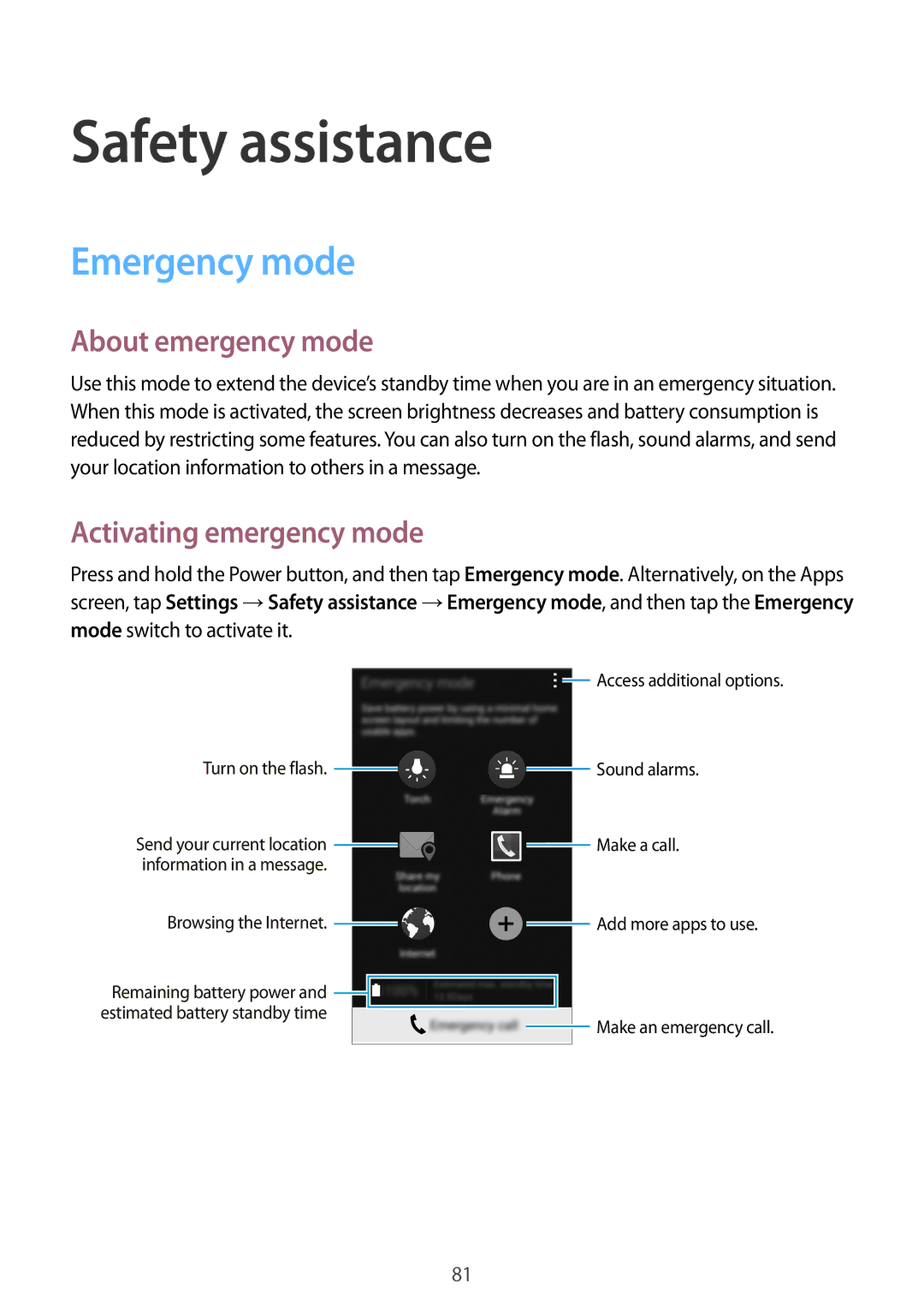 Samsung SM-G870FTSAPHN, SM-G870FDGAFTM Safety assistance, Emergency mode, About emergency mode, Activating emergency mode 