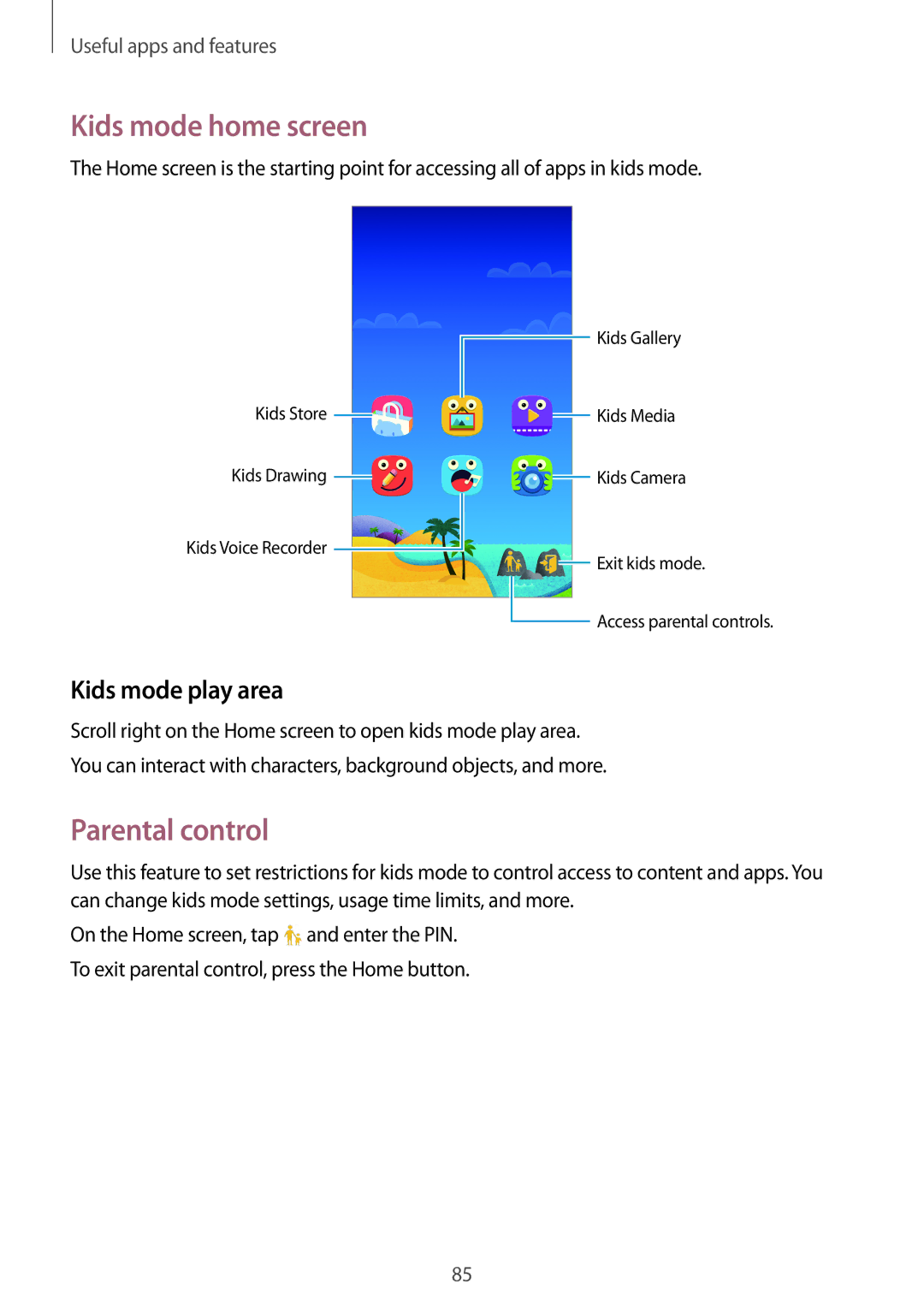 Samsung SM-G870FTSAXEH, SM-G870FDGAFTM, SM-G870FTSABGL manual Kids mode home screen, Parental control, Kids mode play area 