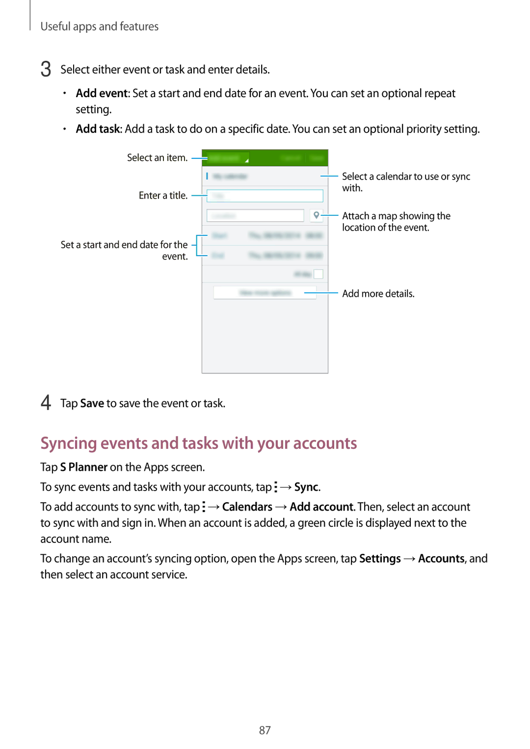 Samsung SM-G870FTSAATO, SM-G870FDGAFTM Syncing events and tasks with your accounts, Tap Save to save the event or task 