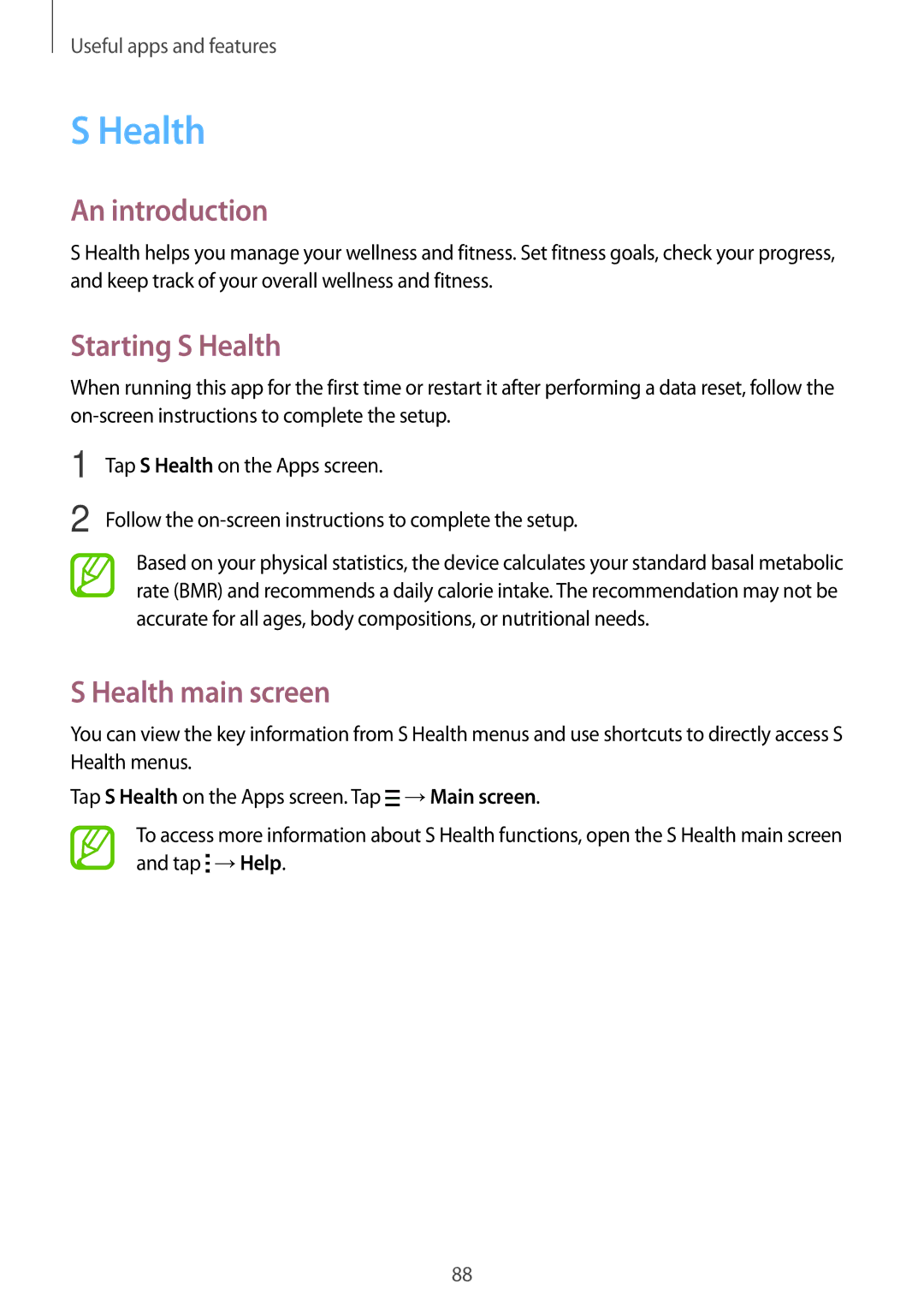 Samsung SM-G870FTSANEE, SM-G870FDGAFTM, SM-G870FTSABGL manual An introduction, Starting S Health, Health main screen 