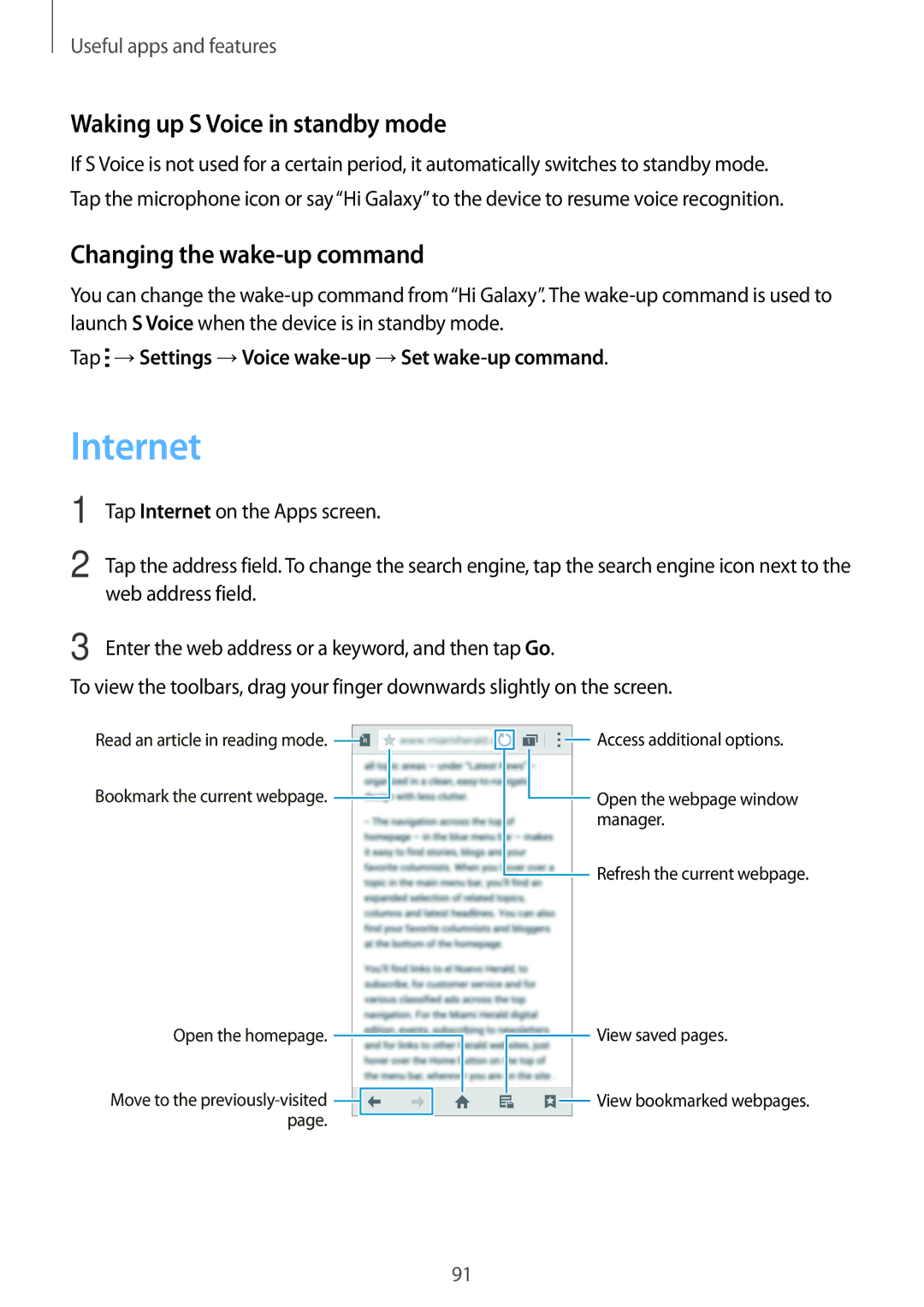 Samsung SM-G870FDGAFTM, SM-G870FTSABGL manual Internet, Waking up S Voice in standby mode, Changing the wake-up command 