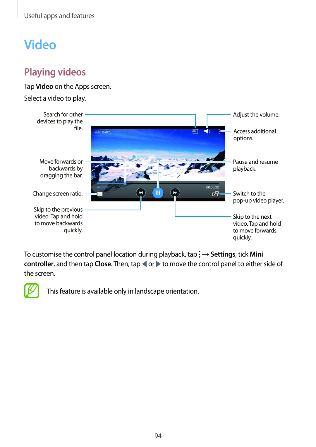 Samsung SM-G870FTSAPHN, SM-G870FDGAFTM manual Playing videos, Tap Video on the Apps screen Select a video to play 