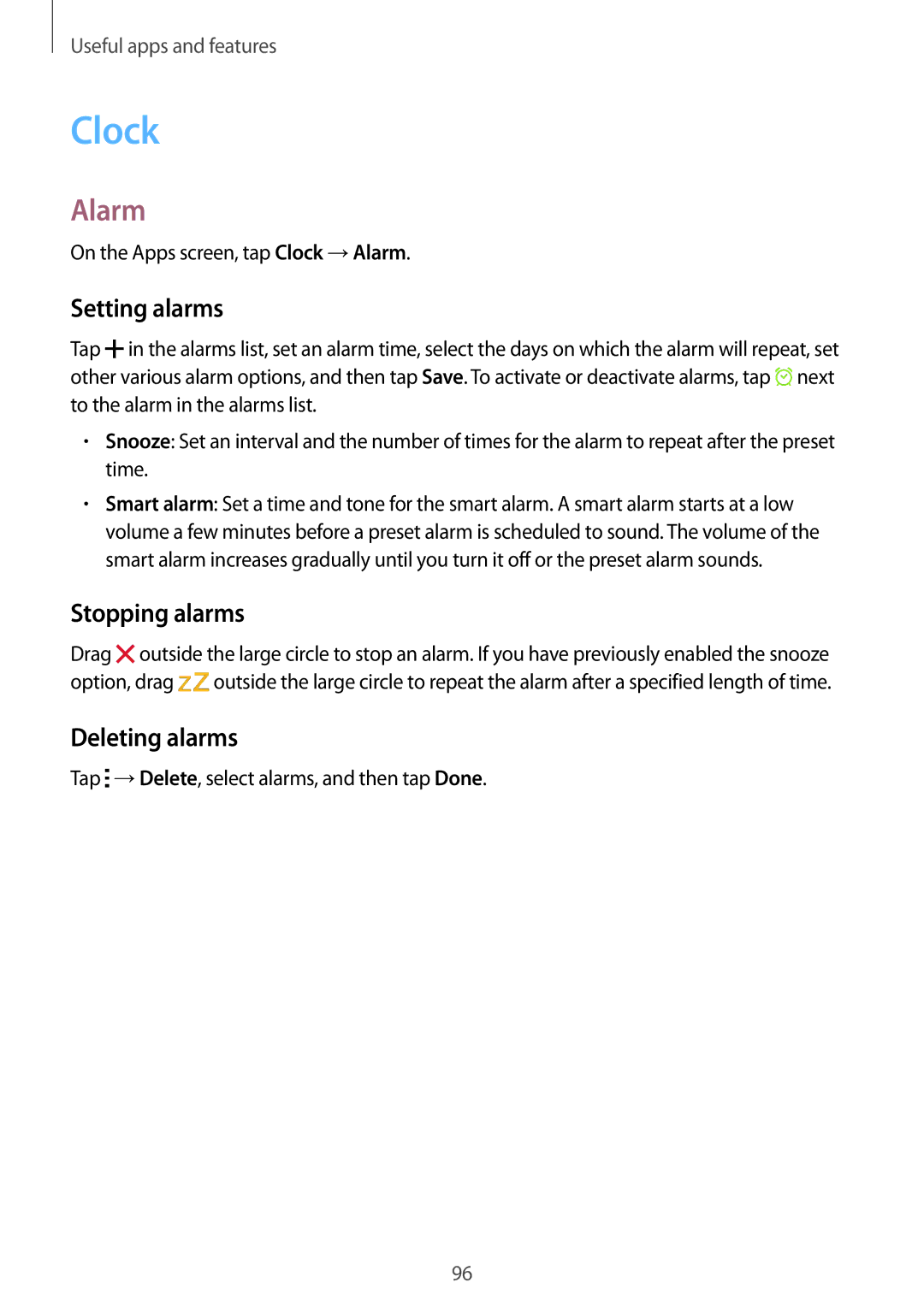 Samsung SM-G870FDGAATO, SM-G870FDGAFTM, SM-G870FTSABGL manual Clock, Alarm, Setting alarms, Stopping alarms, Deleting alarms 