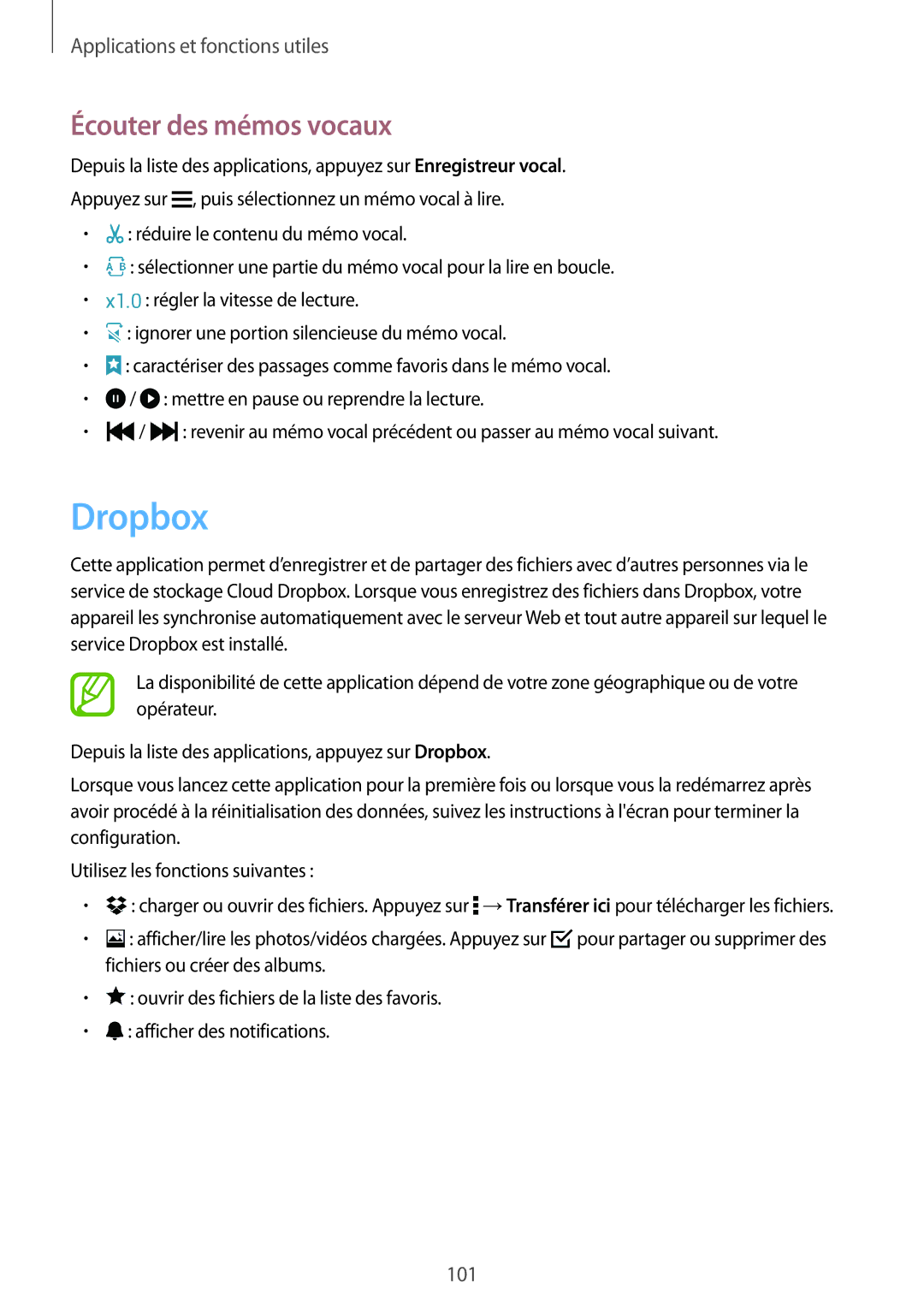 Samsung SM-G870FDGAFTM manual Dropbox, Écouter des mémos vocaux 