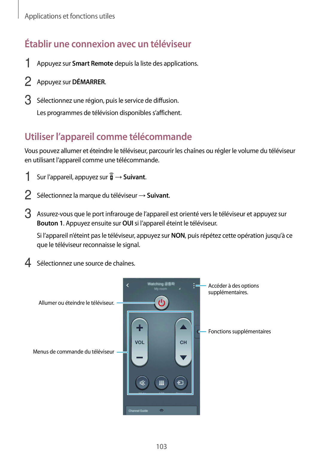 Samsung SM-G870FDGAFTM manual Établir une connexion avec un téléviseur, Utiliser l’appareil comme télécommande 