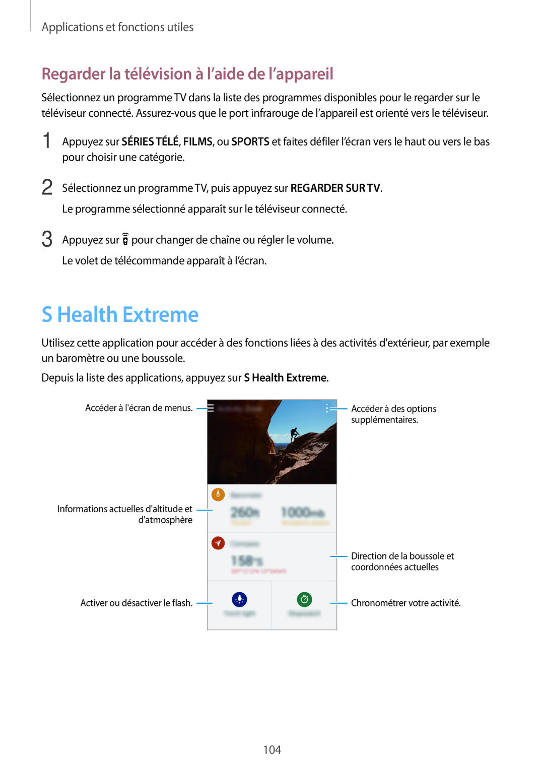 Samsung SM-G870FDGAFTM manual Health Extreme, Regarder la télévision à l’aide de l’appareil 