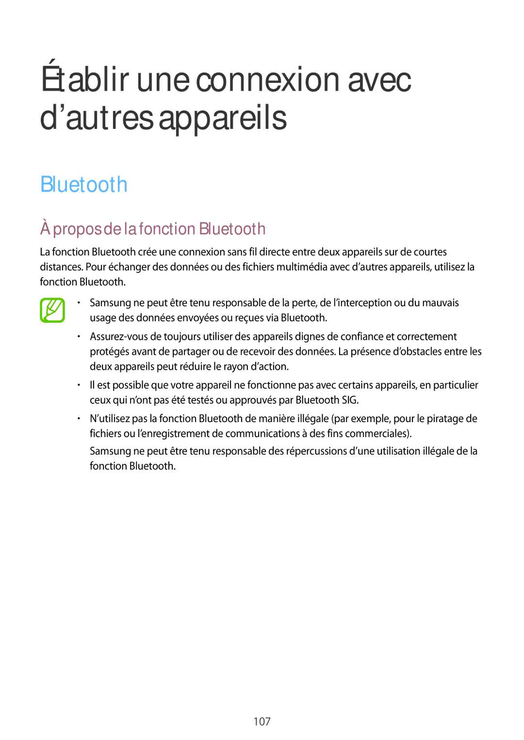 Samsung SM-G870FDGAFTM manual Propos de la fonction Bluetooth 