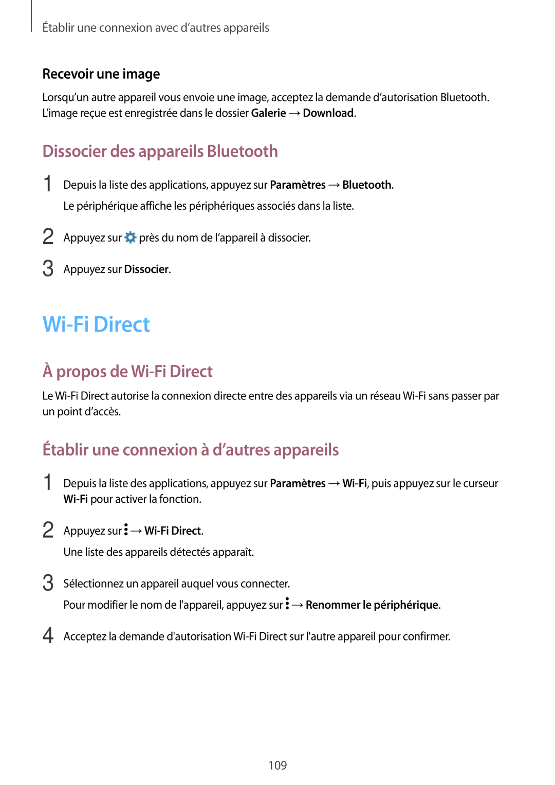 Samsung SM-G870FDGAFTM manual Dissocier des appareils Bluetooth, Propos de Wi-Fi Direct, Recevoir une image 