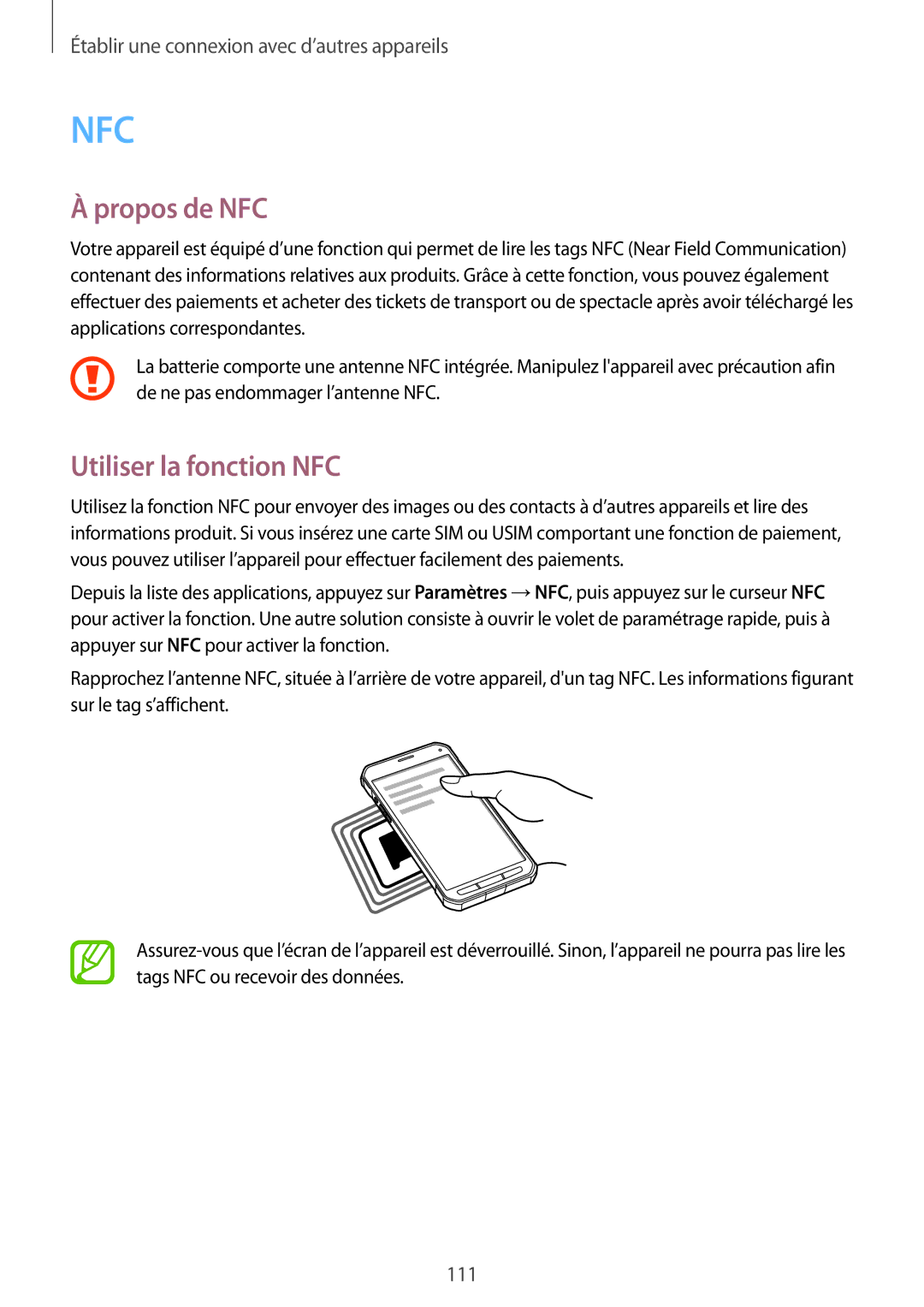 Samsung SM-G870FDGAFTM manual Propos de NFC, Utiliser la fonction NFC 