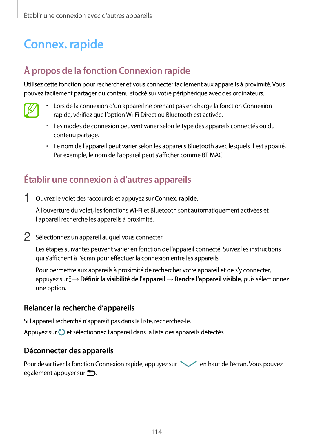 Samsung SM-G870FDGAFTM manual Connex. rapide, Propos de la fonction Connexion rapide, Relancer la recherche d’appareils 