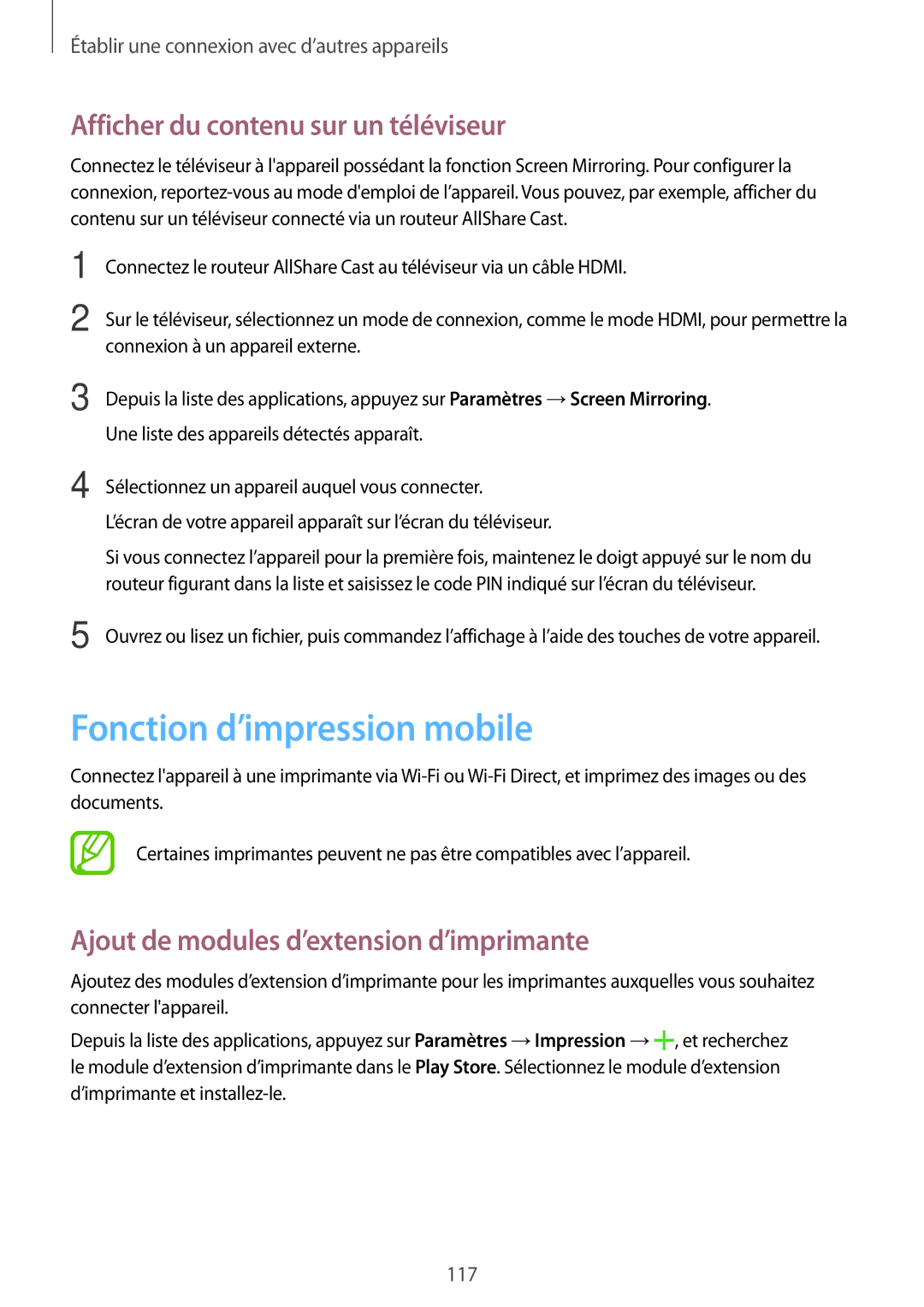 Samsung SM-G870FDGAFTM manual Fonction d’impression mobile, Afficher du contenu sur un téléviseur 