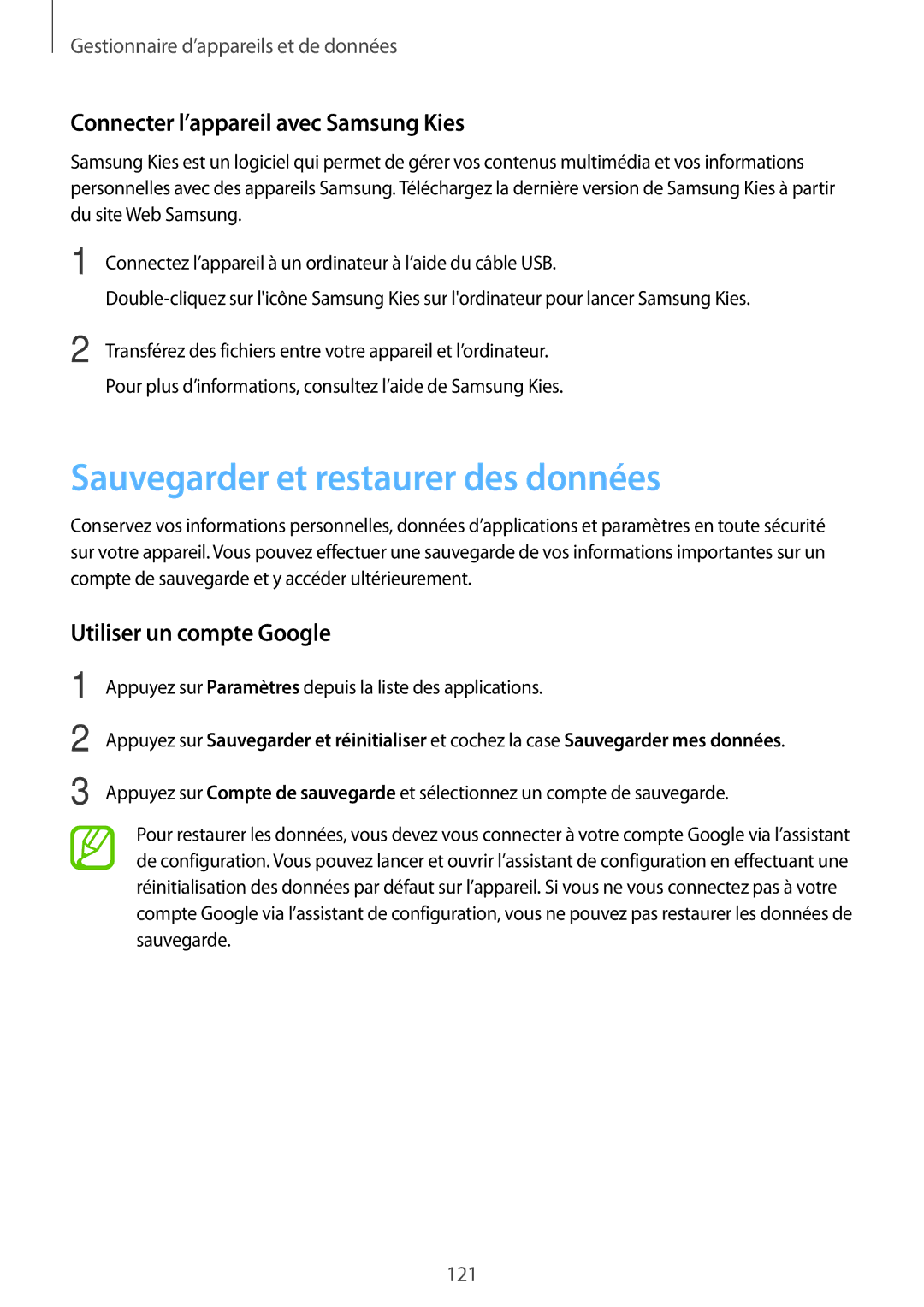 Samsung SM-G870FDGAFTM manual Sauvegarder et restaurer des données, Connecter l’appareil avec Samsung Kies 