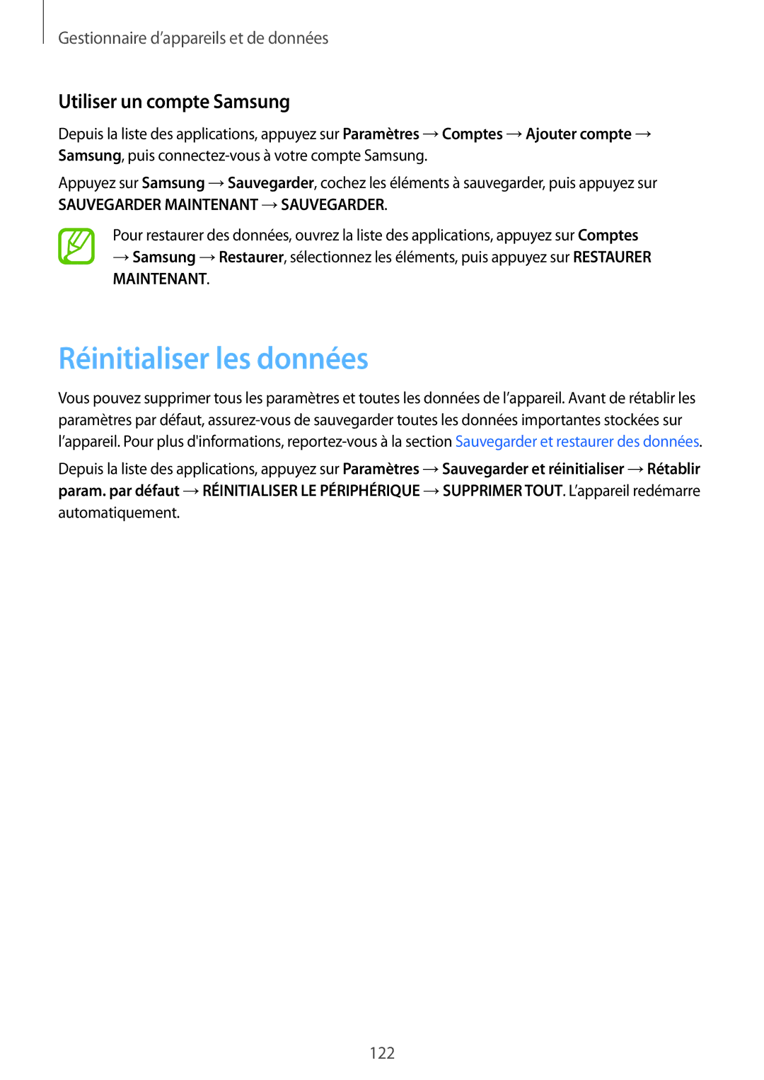 Samsung SM-G870FDGAFTM manual Réinitialiser les données, Utiliser un compte Samsung 