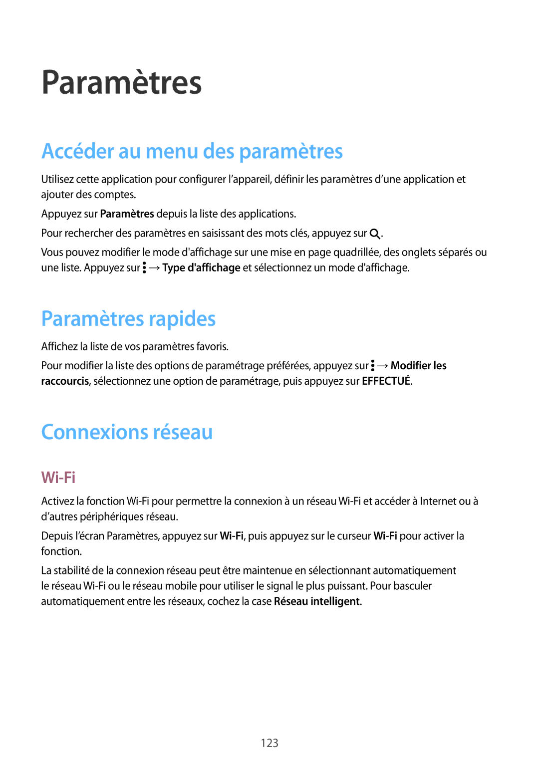 Samsung SM-G870FDGAFTM manual Accéder au menu des paramètres, Paramètres rapides, Connexions réseau, Wi-Fi 