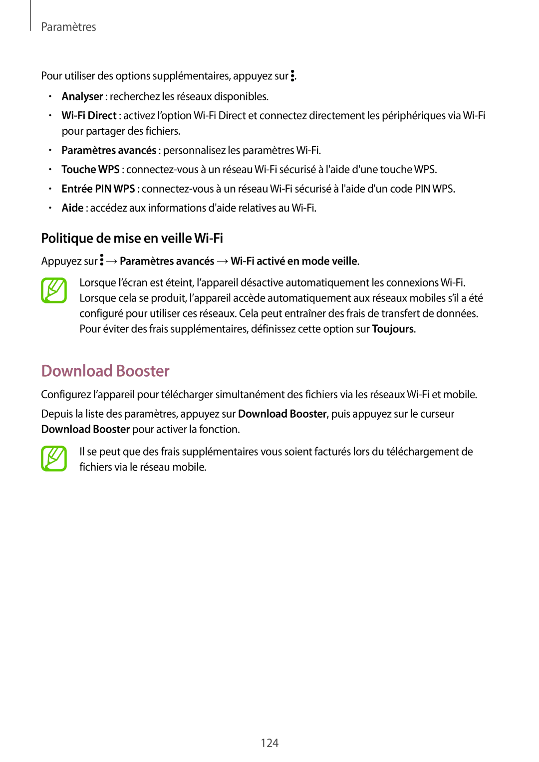 Samsung SM-G870FDGAFTM manual Download Booster, Politique de mise en veille Wi-Fi 