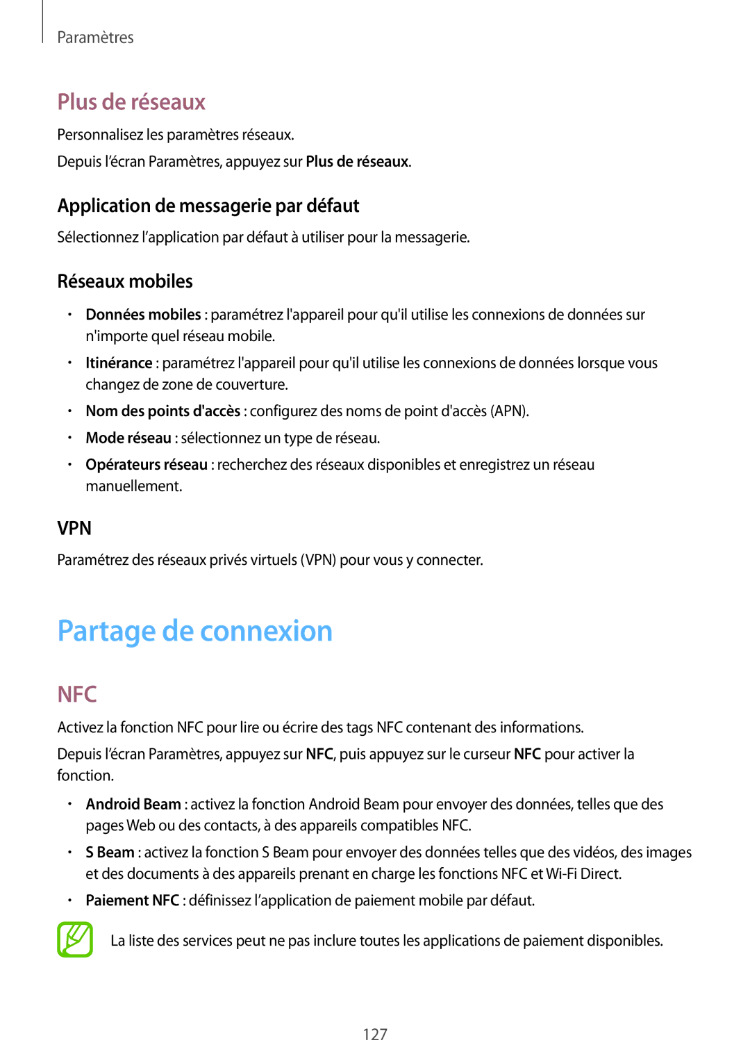 Samsung SM-G870FDGAFTM manual Partage de connexion, Plus de réseaux, Application de messagerie par défaut, Réseaux mobiles 