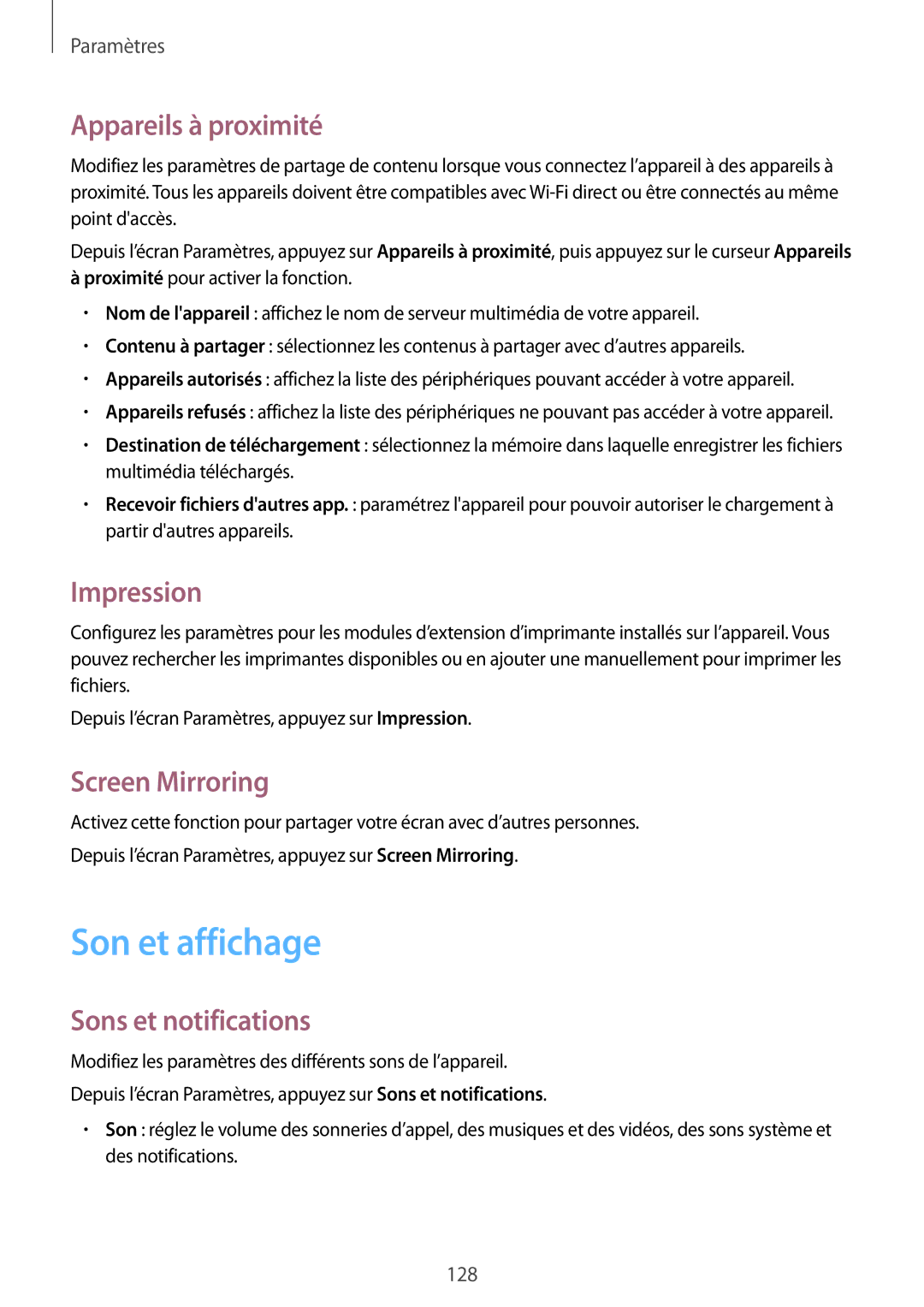 Samsung SM-G870FDGAFTM manual Son et affichage, Appareils à proximité, Impression, Screen Mirroring, Sons et notifications 