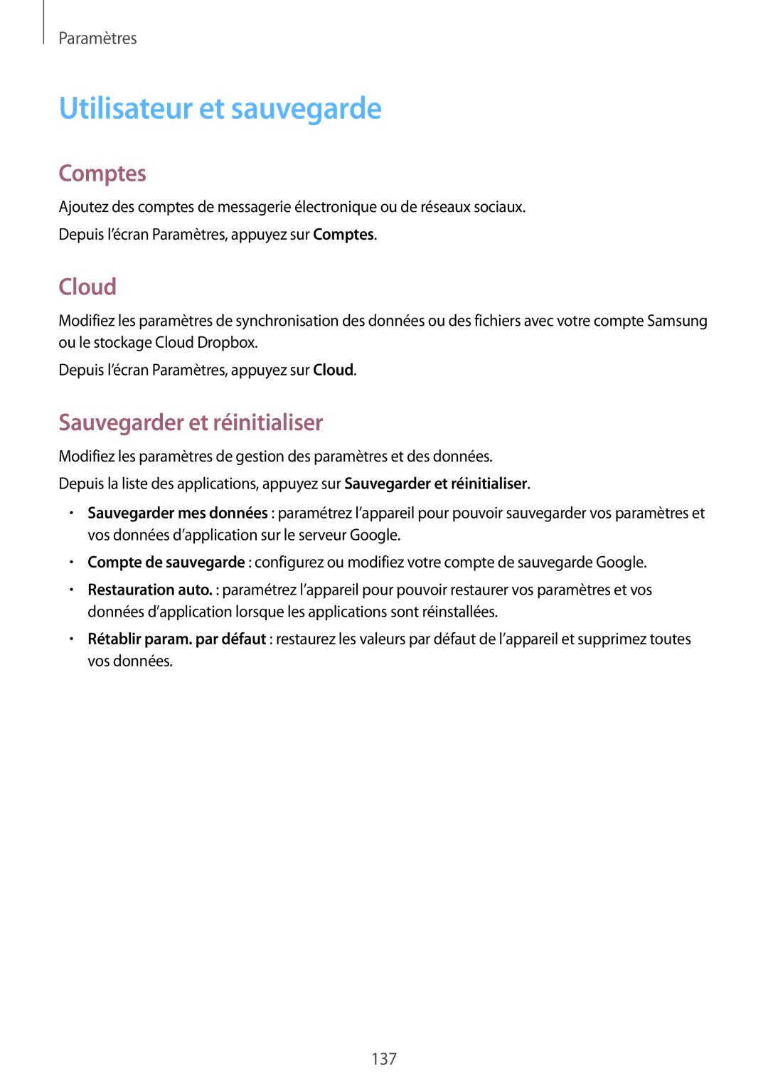 Samsung SM-G870FDGAFTM manual Utilisateur et sauvegarde, Comptes, Cloud, Sauvegarder et réinitialiser 