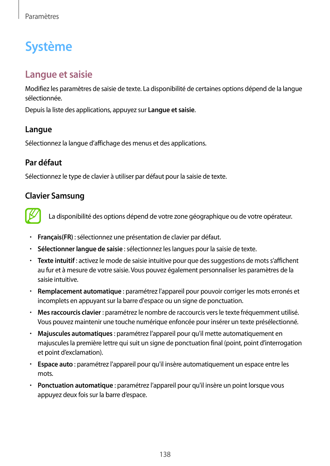 Samsung SM-G870FDGAFTM manual Système, Langue et saisie, Par défaut, Clavier Samsung 