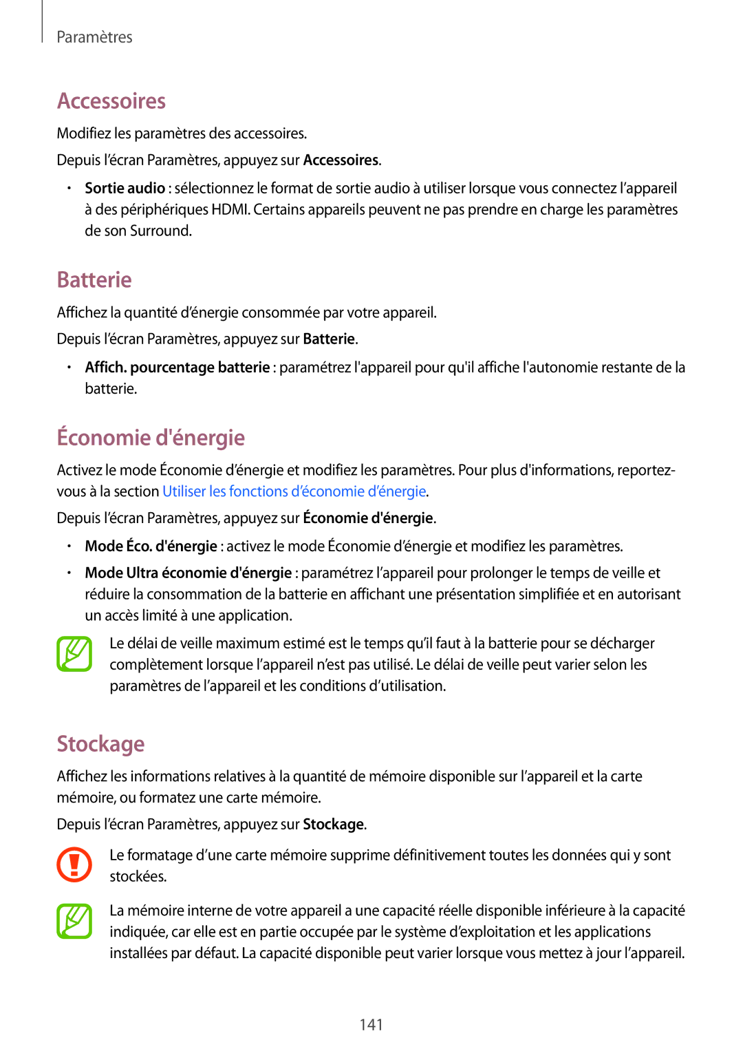 Samsung SM-G870FDGAFTM manual Accessoires, Batterie, Économie dénergie, Stockage 