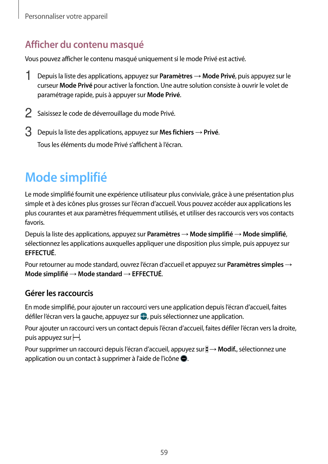 Samsung SM-G870FDGAFTM manual Mode simplifié, Afficher du contenu masqué, Gérer les raccourcis 