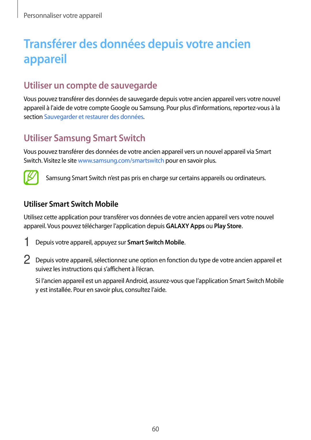 Samsung SM-G870FDGAFTM manual Transférer des données depuis votre ancien appareil, Utiliser un compte de sauvegarde 