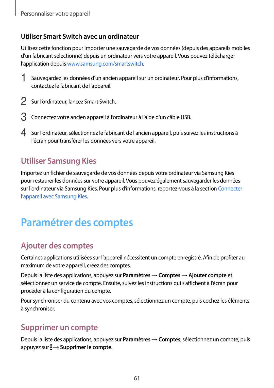 Samsung SM-G870FDGAFTM manual Paramétrer des comptes, Utiliser Samsung Kies, Ajouter des comptes, Supprimer un compte 