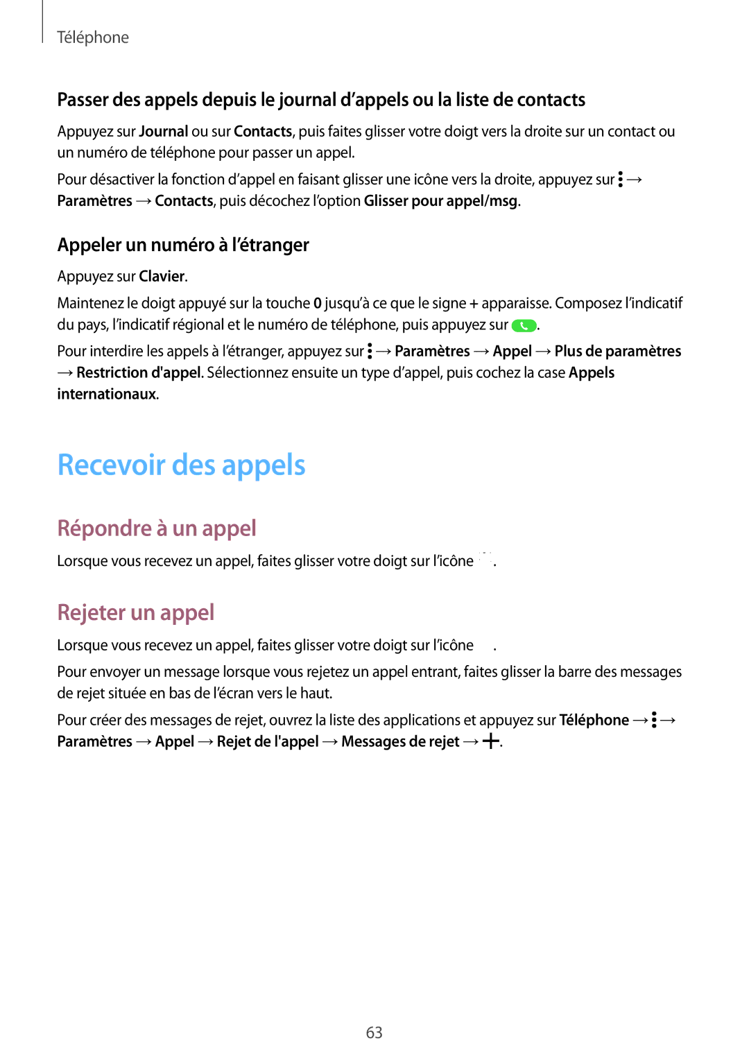 Samsung SM-G870FDGAFTM manual Recevoir des appels, Répondre à un appel, Rejeter un appel, Appeler un numéro à l’étranger 