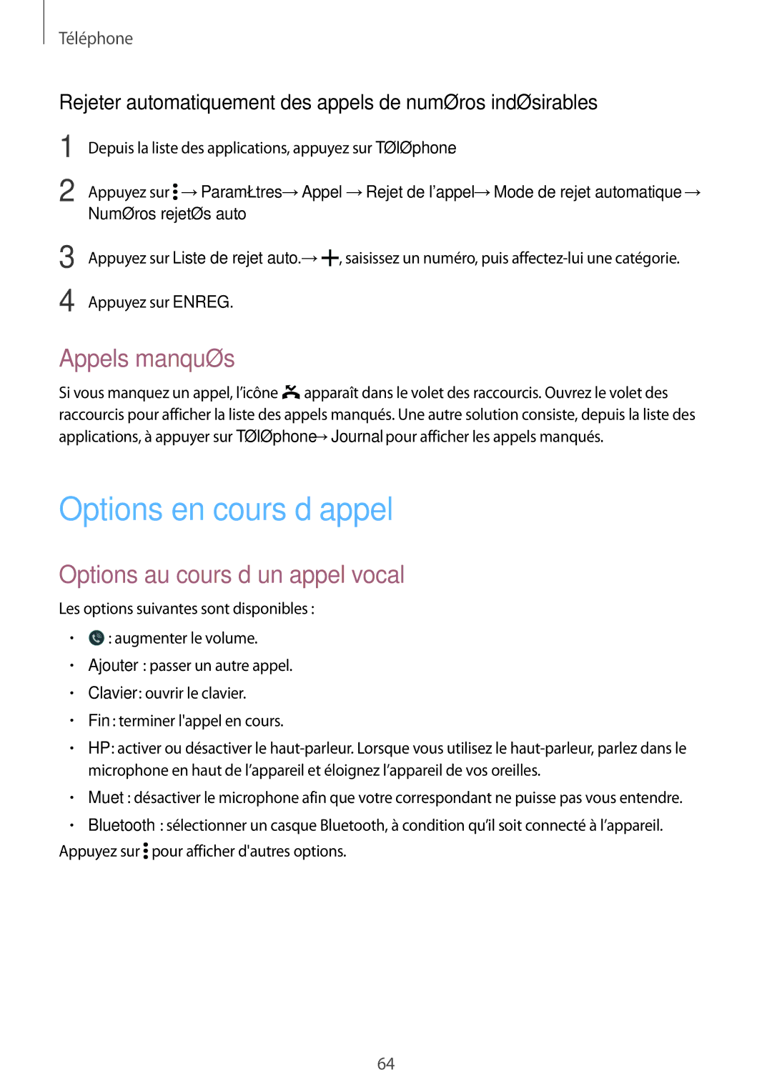 Samsung SM-G870FDGAFTM Options en cours d’appel, Appels manqués, Options au cours d’un appel vocal, Numéros rejetés auto 