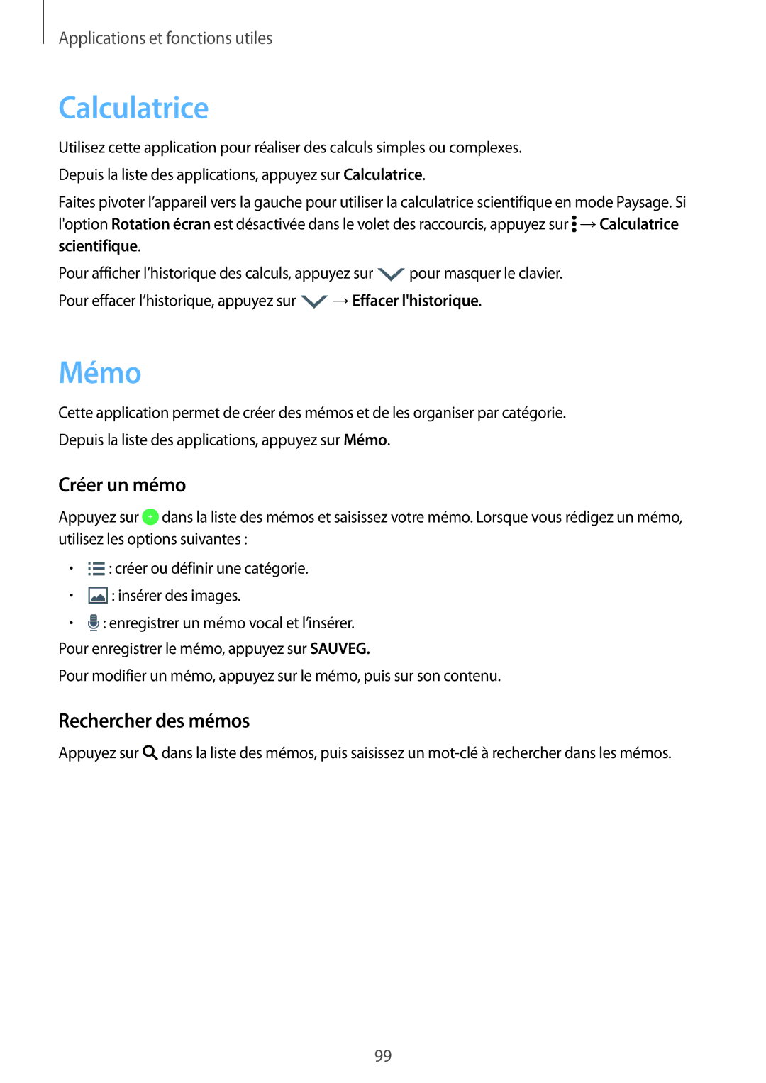 Samsung SM-G870FDGAFTM manual Calculatrice, Mémo, Créer un mémo, Rechercher des mémos 