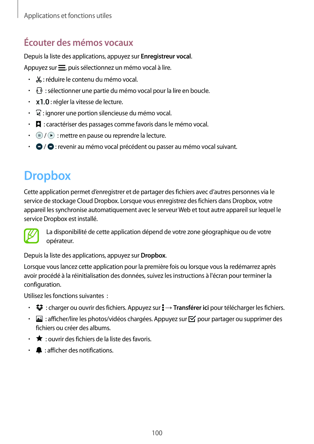 Samsung SM-G870FDGAFTM manual Dropbox, Écouter des mémos vocaux 