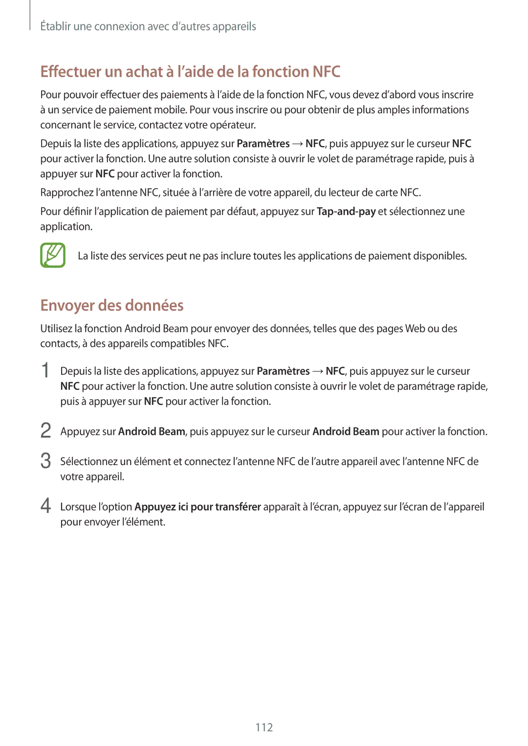 Samsung SM-G870FDGAFTM manual Effectuer un achat à l’aide de la fonction NFC, Envoyer des données 