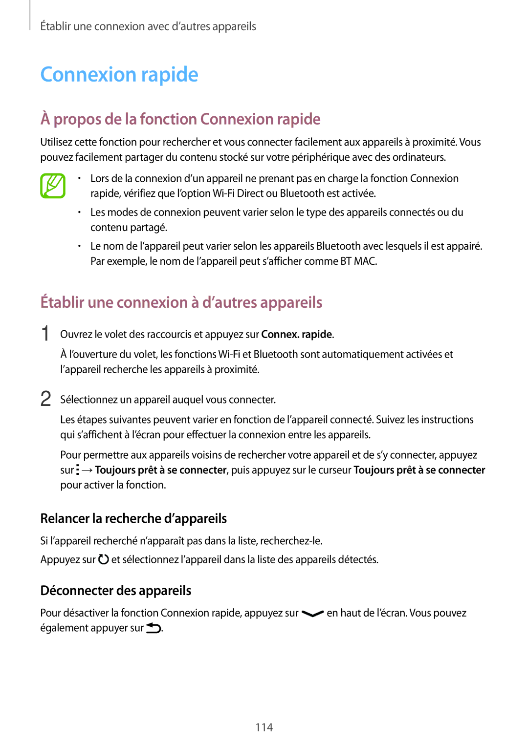 Samsung SM-G870FDGAFTM manual Propos de la fonction Connexion rapide, Relancer la recherche d’appareils 